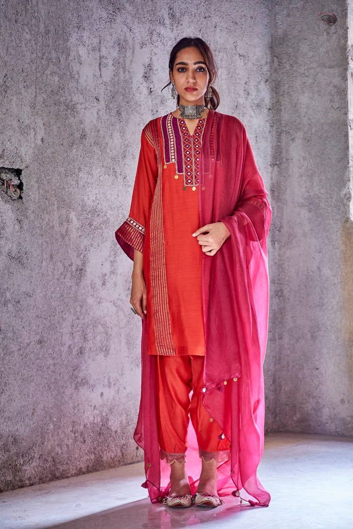 RED HANDWOVEN ZARI STRIPE CHANDERI EMBROIDERED LAXMI KURTA SET