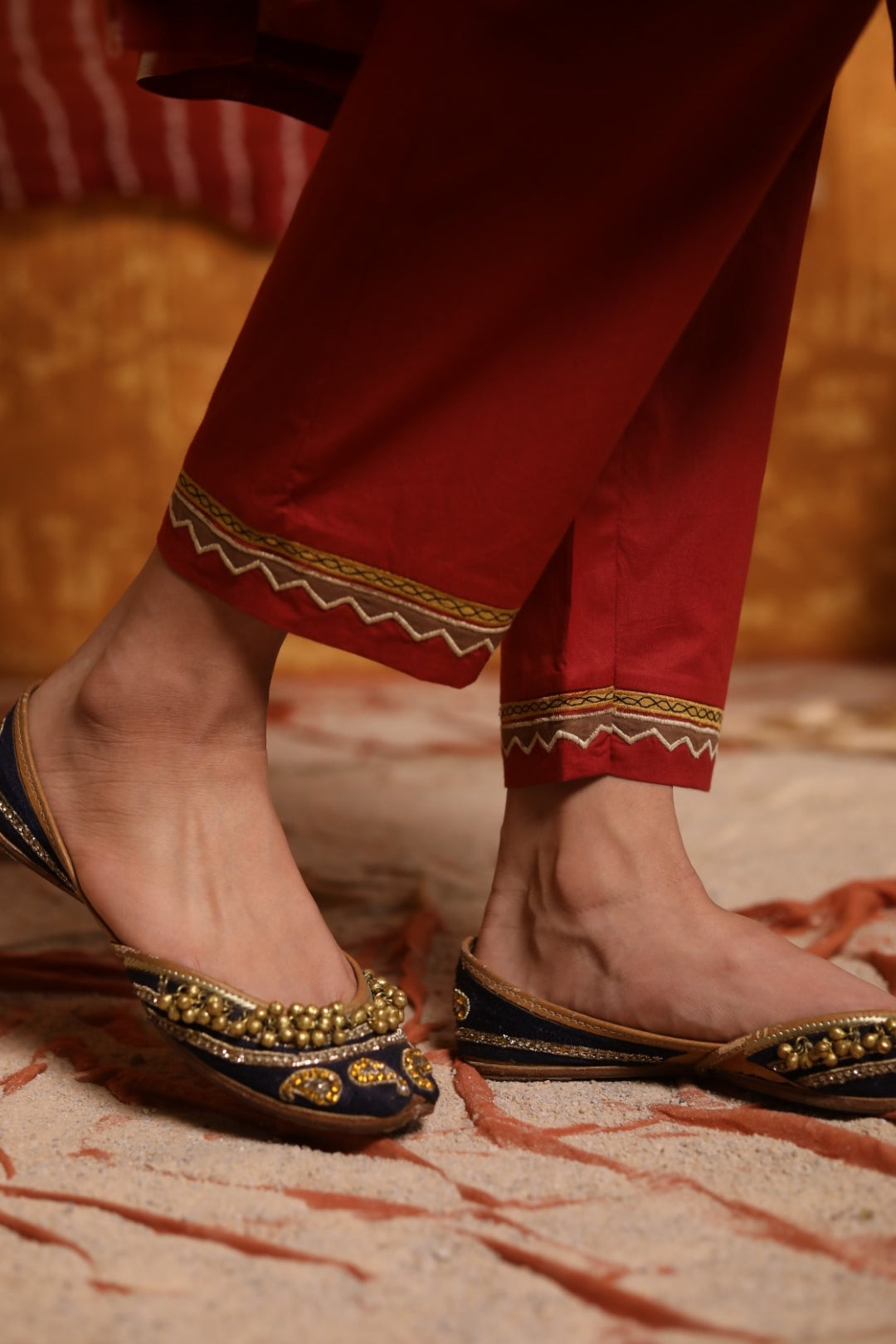 Maroon Cotton Pants With Applique Work