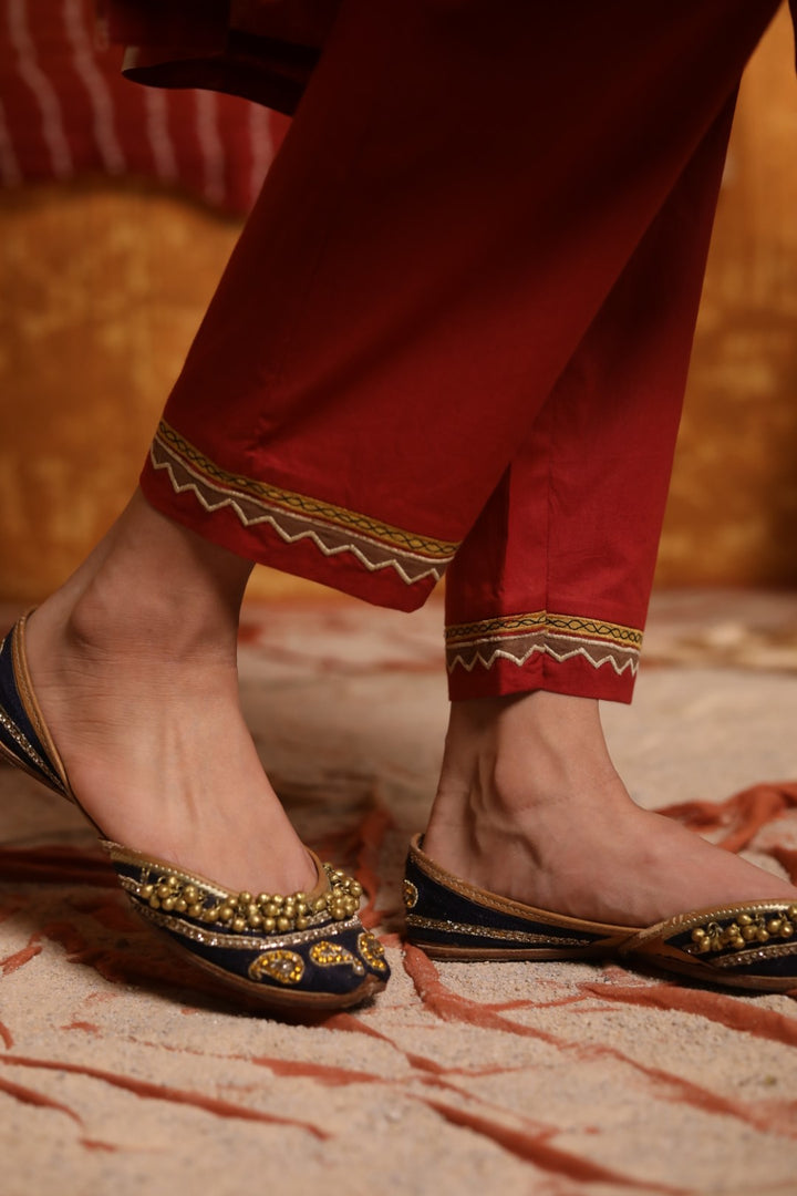Maroon Cotton Pants With Applique Work