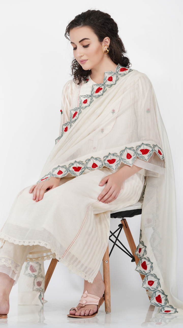 SAAWAN- CREAM CHANDERI ROSE YOK KURTA SET
