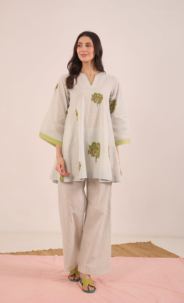 COTTON BLUE CHECK APPLE TREE V - NECK COORD SET PANTS - POWDER BLUE