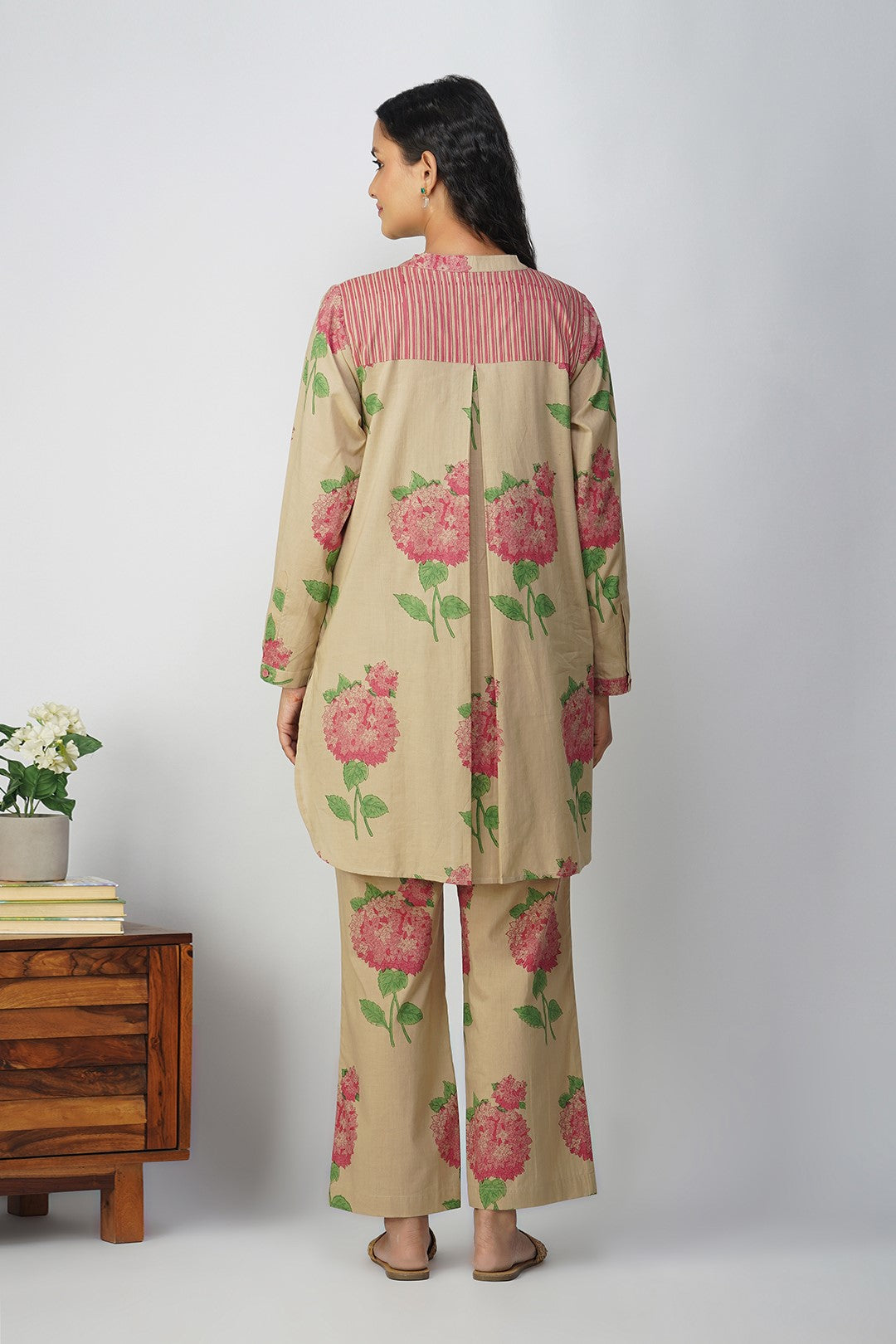 Pink Hydrangea Block Printed Tunic With Floral Pants