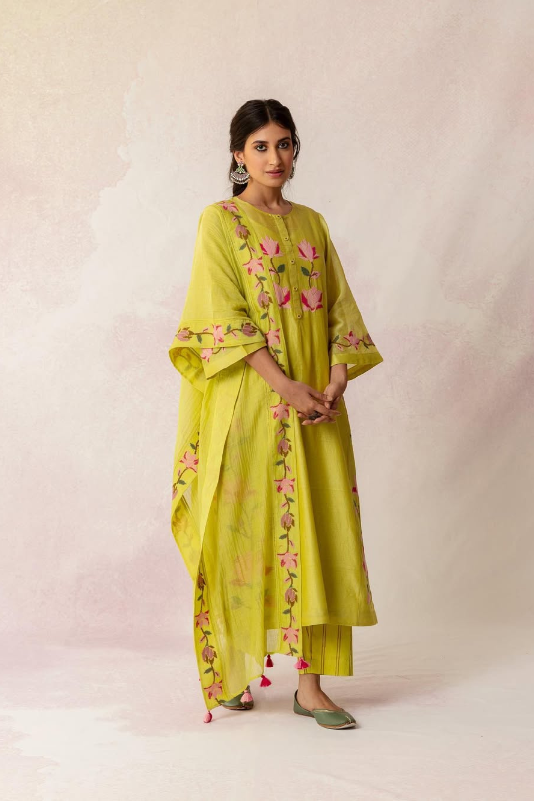 BAHAAR OLIVE FLORAL KALI KURTA SET