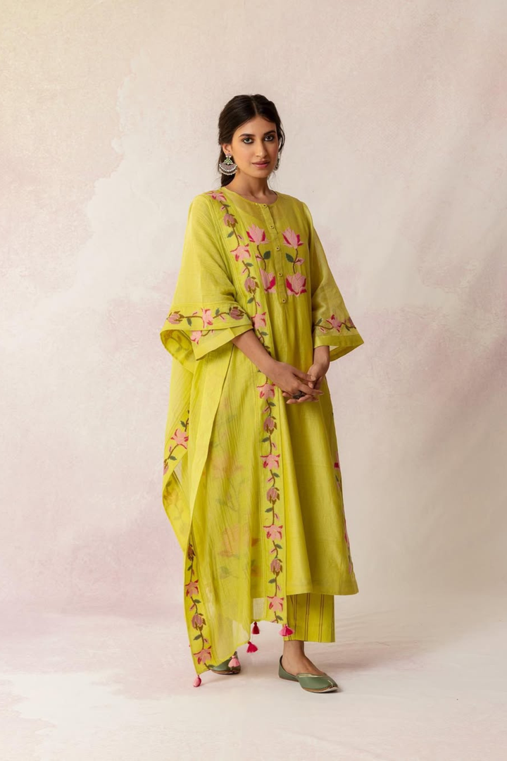 BAHAAR OLIVE FLORAL KALI KURTA SET