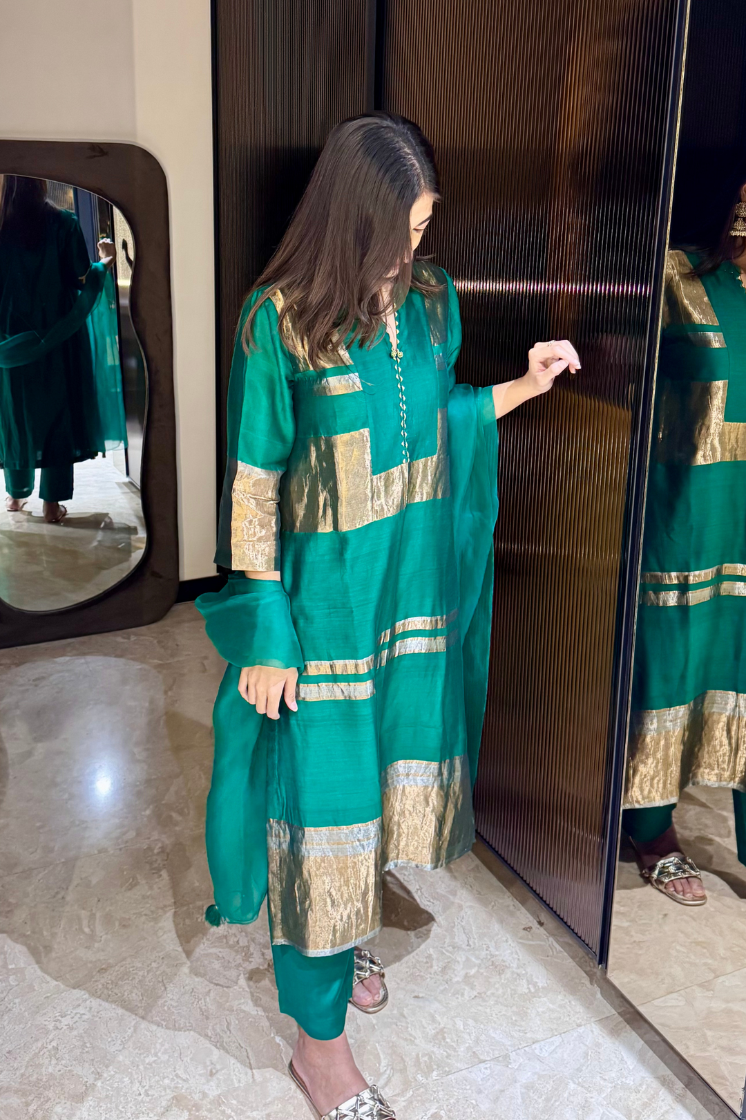 Mira: Silk stripe tissue straight kurta set - Emerald Green