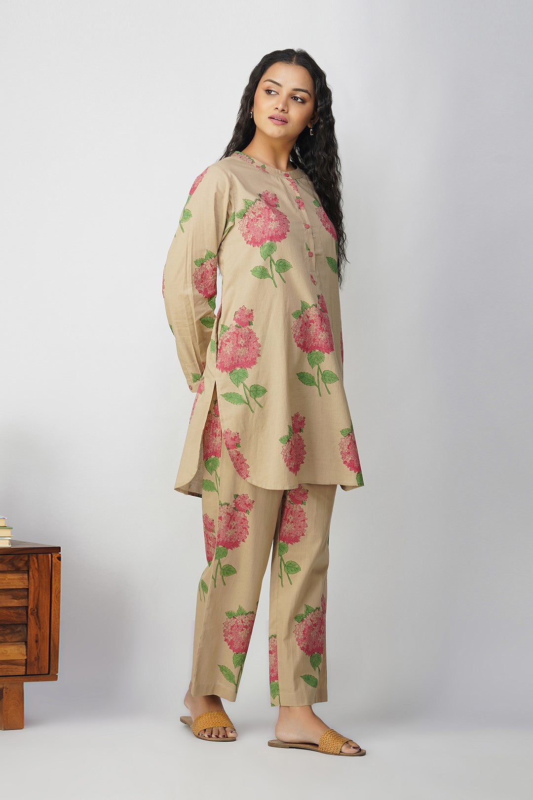 Pink Hydrangea Block Printed Tunic With Floral Pants