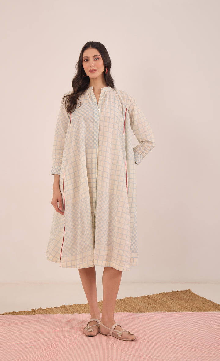 SHEEN: COTTON BLUE CHECK MIDI DRESS