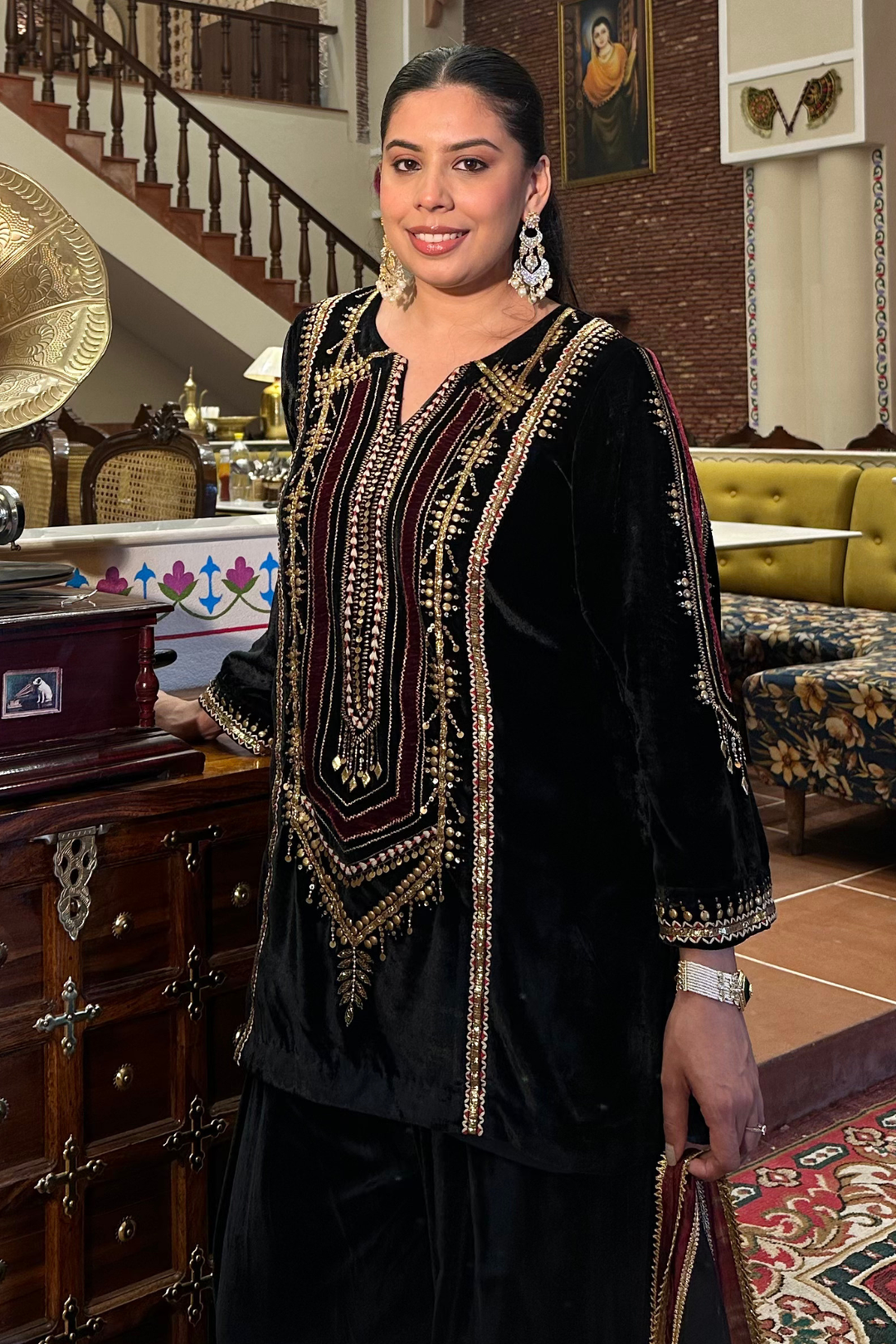BLACK VELVET SHORT KURTA WITH FARSHI SALWAR SET