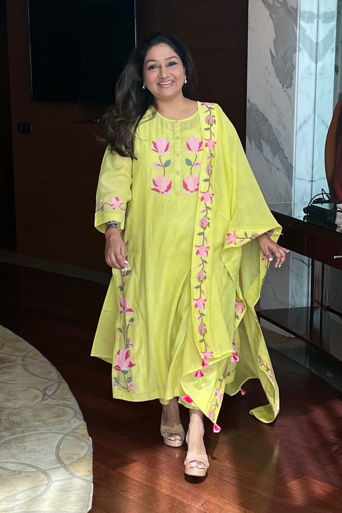 BAHAAR OLIVE FLORAL KALI KURTA SET