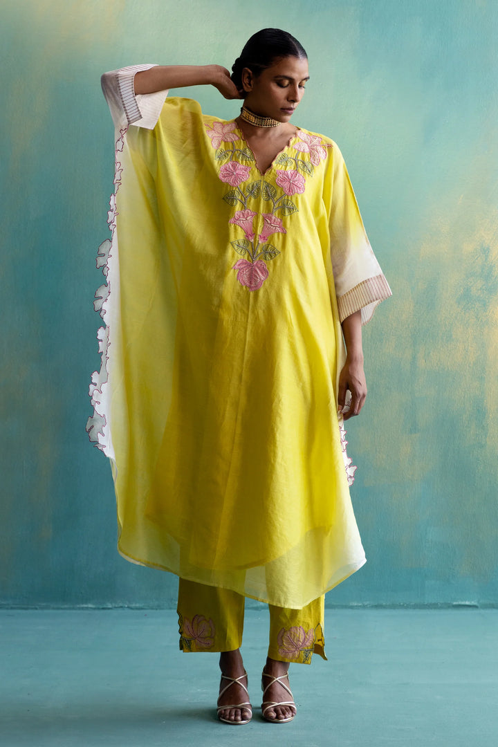 Dil-kash Yellow and Off-white Chanderi V-neck Embroidery Kaftaan with Pants set