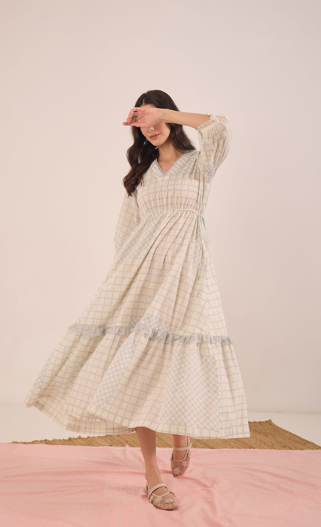 SHEEN: COTTON CHECK MIDI DRESS V-NECK