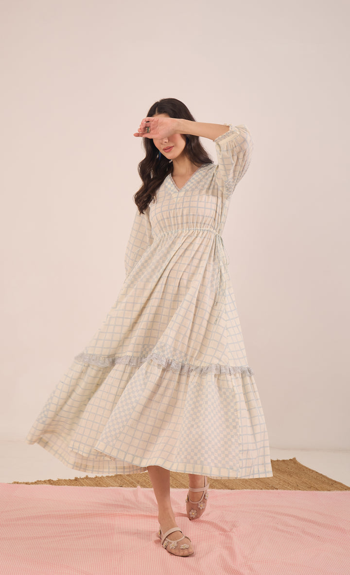 SHEEN: COTTON CHECK MIDI DRESS V-NECK