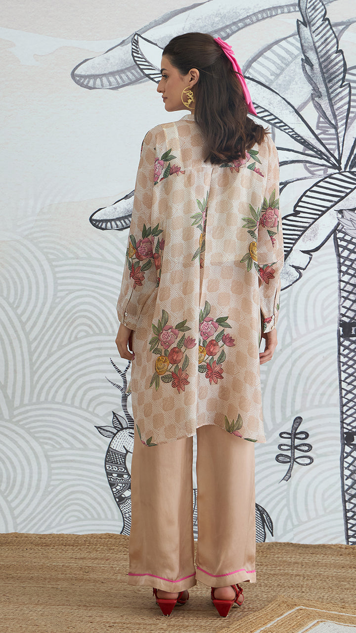 BEIGE CHECK FLOWER KIMONO PLAIN PANTS
