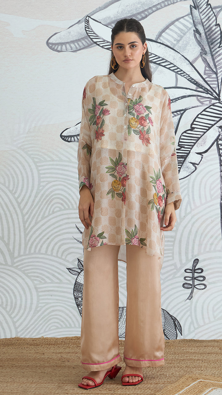 BEIGE CHECK FLOWER KIMONO PLAIN PANTS