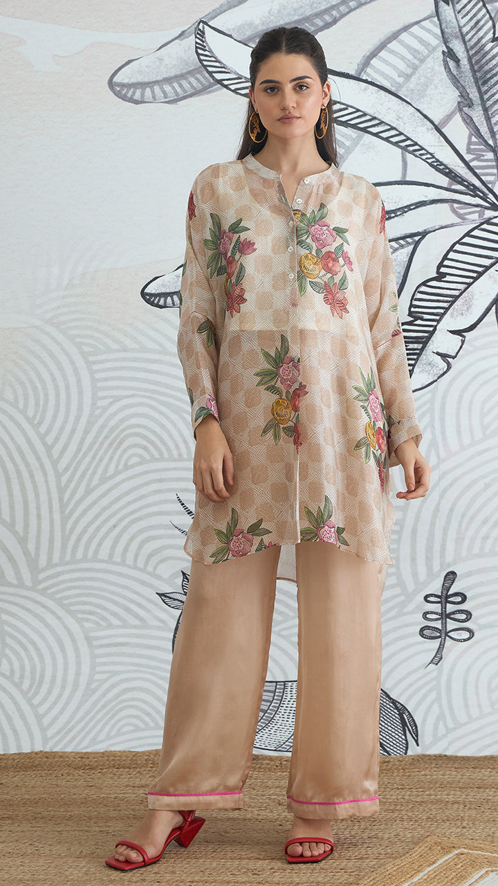 BEIGE CHECK FLOWER KIMONO TUNIC