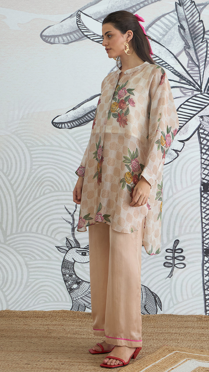 BEIGE CHECK FLOWER KIMONO TUNIC
