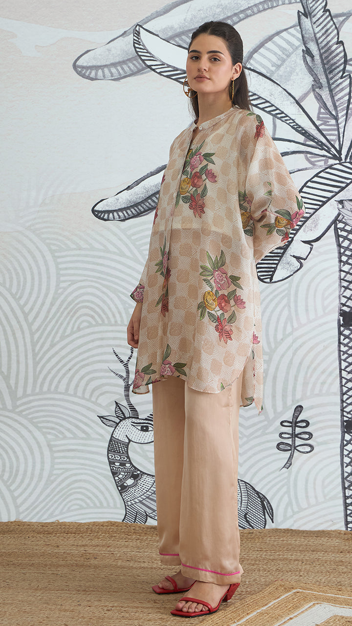 BEIGE CHECK FLOWER KIMONO TUNIC WITH PLAIN PANTS