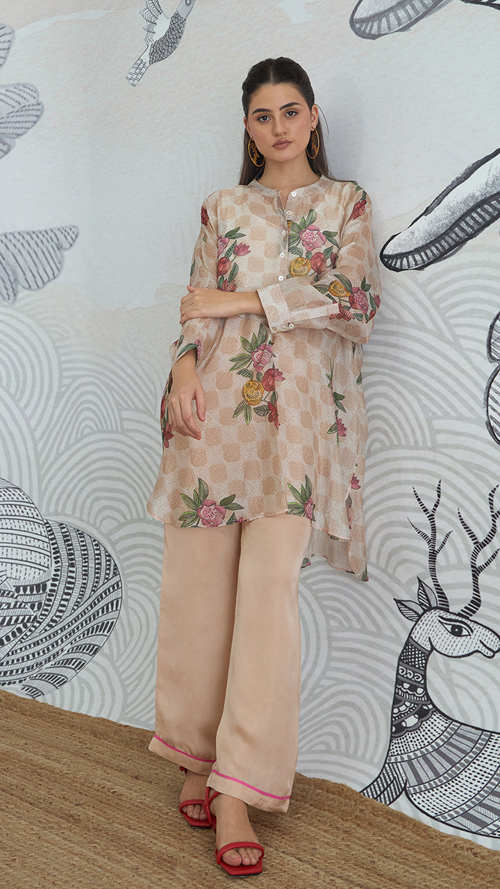 BEIGE CHECK FLOWER KIMONO PLAIN PANTS
