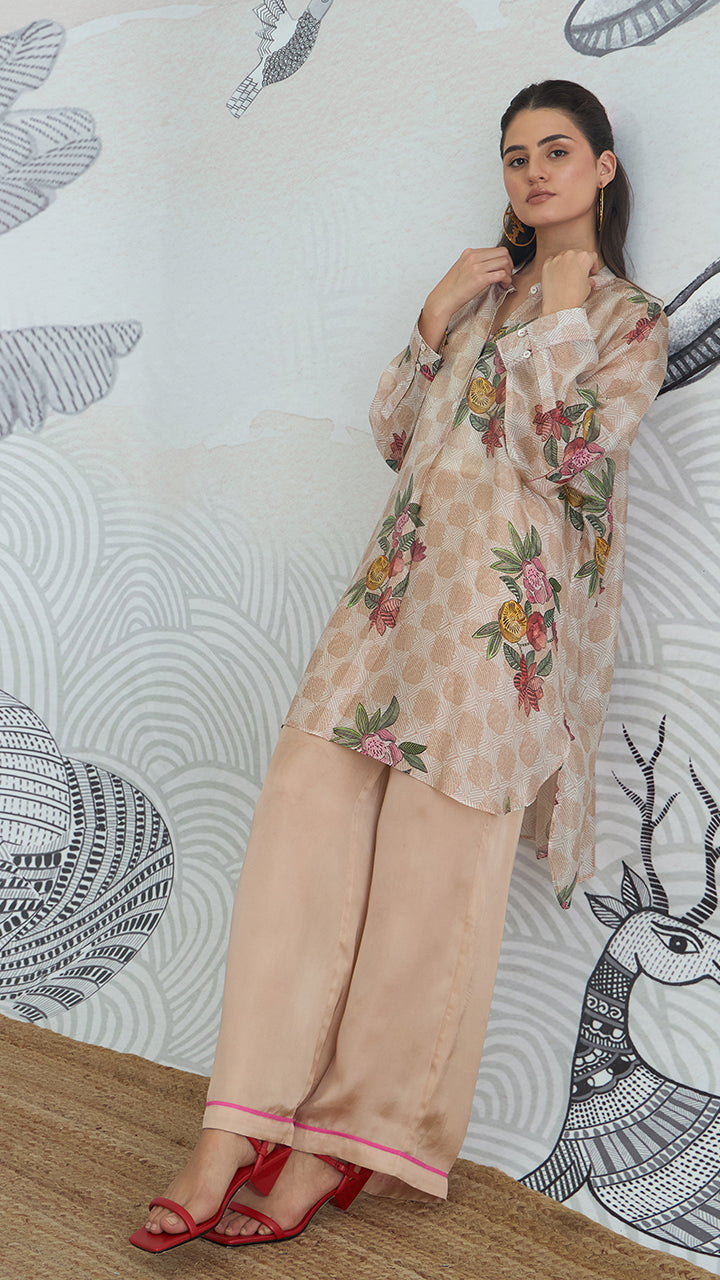 BEIGE CHECK FLOWER KIMONO PLAIN PANTS