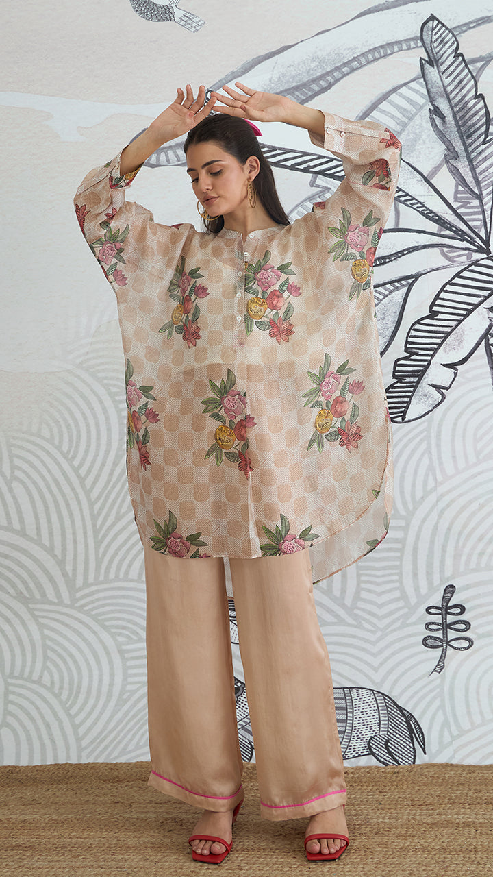 BEIGE CHECK FLOWER KIMONO TUNIC