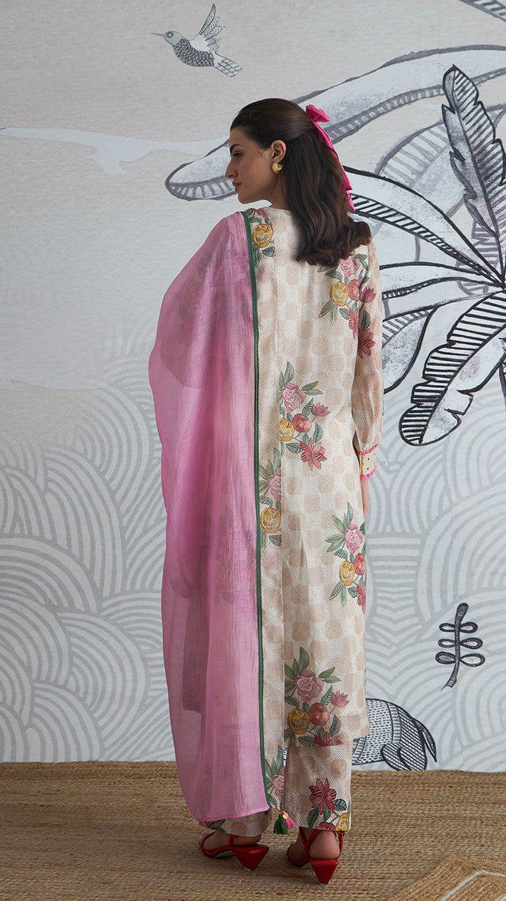 BEIGE CHECK FLOWER V-NECK KURTA