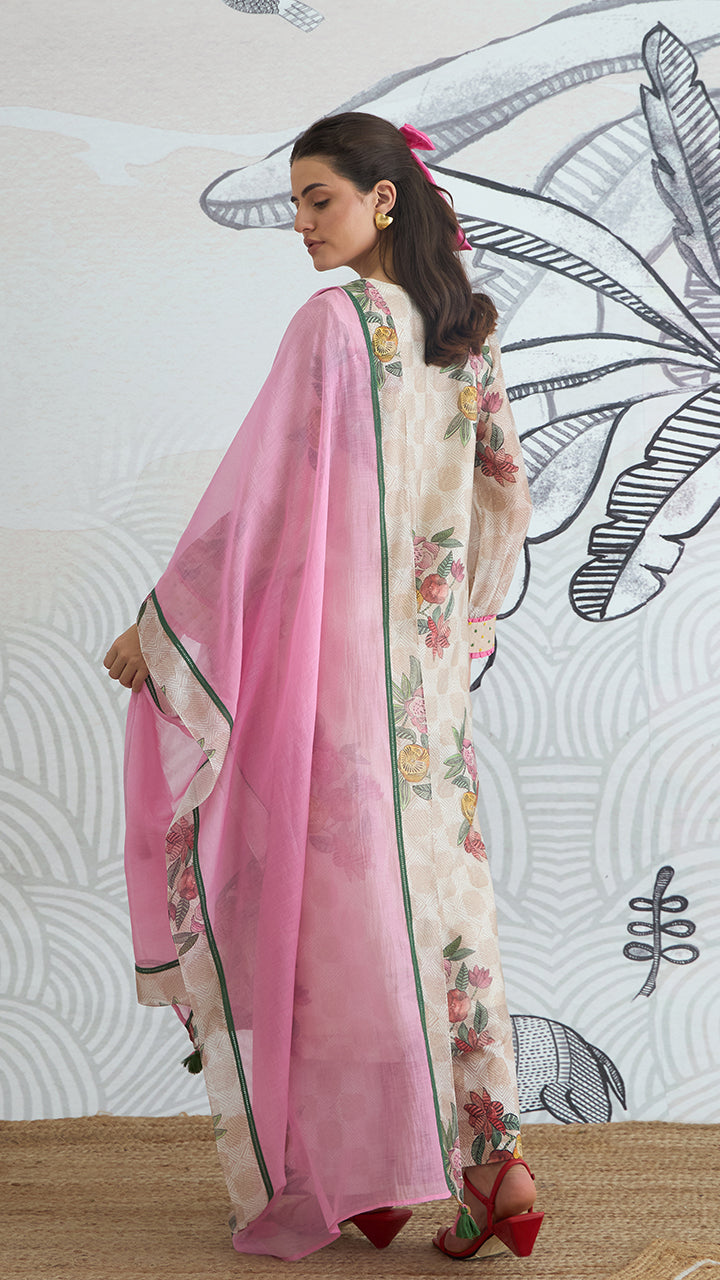 BEIGE CHECK FLOWER V-NECK DUPATTA