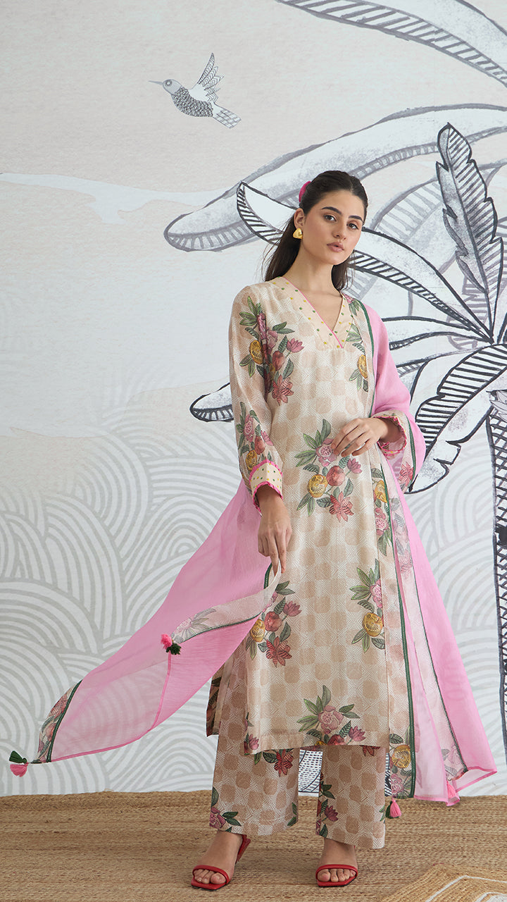 BEIGE CHECK FLOWER V-NECK DUPATTA