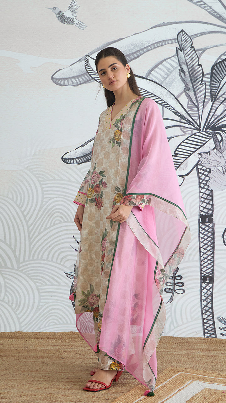 BEIGE CHECK FLOWER V-NECK DUPATTA