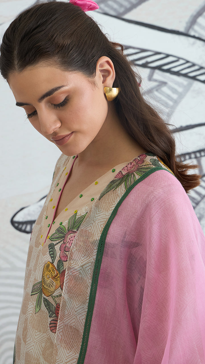 BEIGE CHECK FLOWER V-NECK DUPATTA