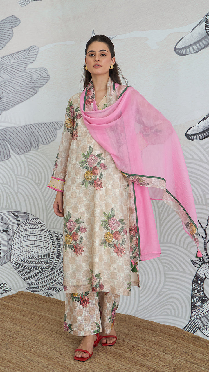 BEIGE CHECK FLOWER V-NECK KURTA