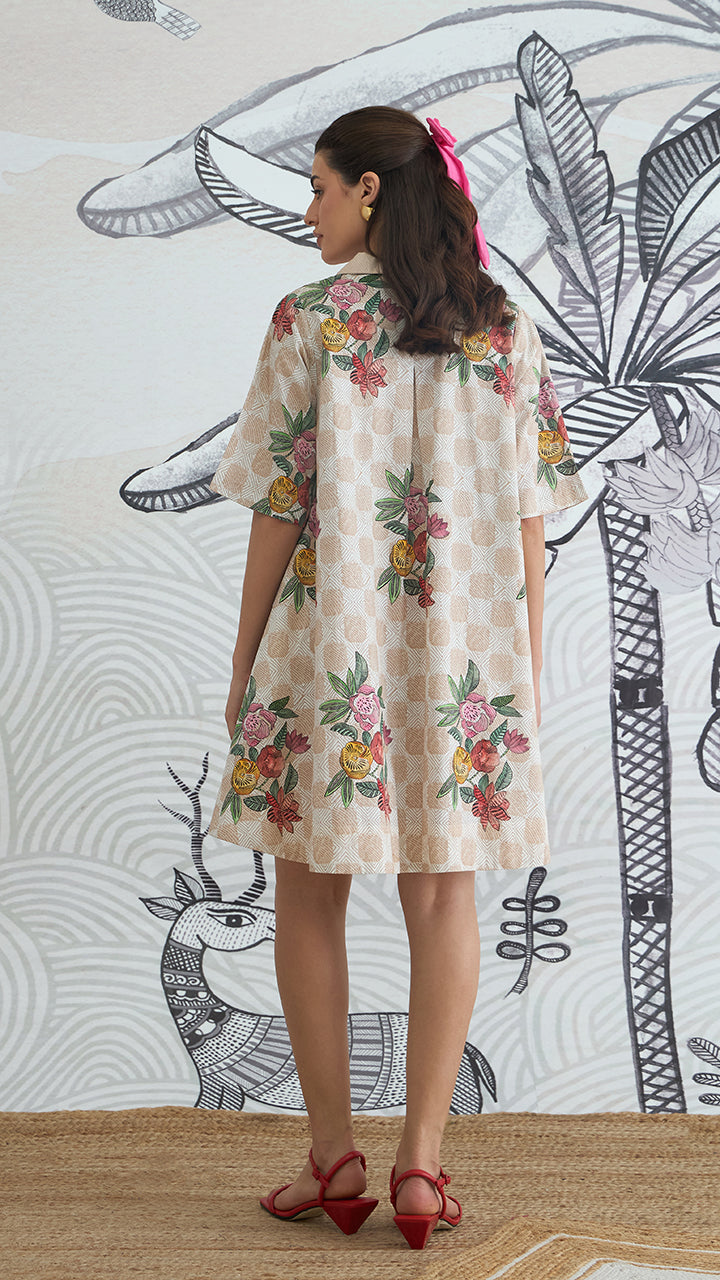 BEIGE CHECK FLOWER BOX PLEAT DRESS