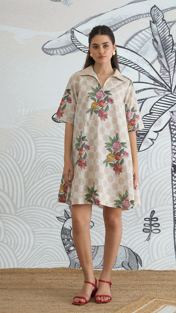BEIGE CHECK FLOWER BOX PLEAT DRESS
