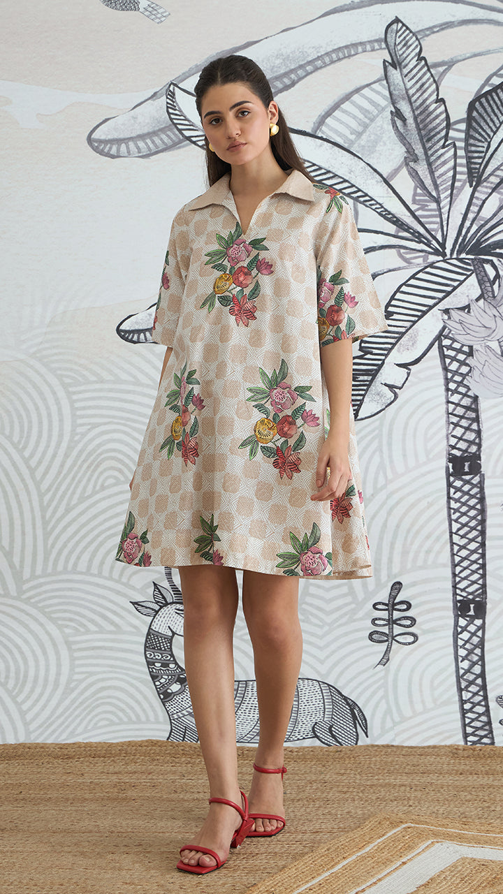 BEIGE CHECK FLOWER BOX PLEAT DRESS