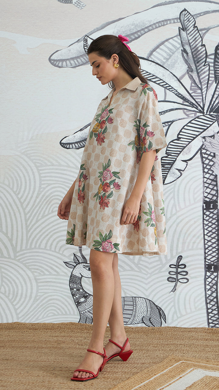 BEIGE CHECK FLOWER BOX PLEAT DRESS