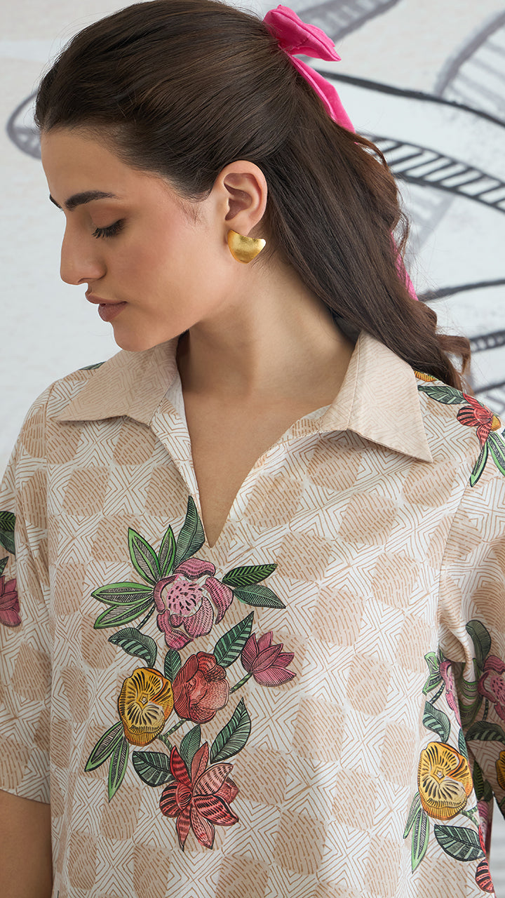 BEIGE CHECK FLOWER BOX PLEAT DRESS