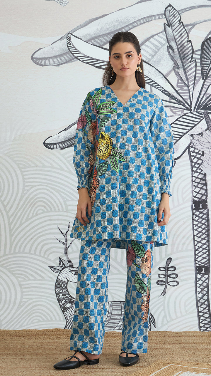 BLUE CHECK FLOWER CO-ORD SET