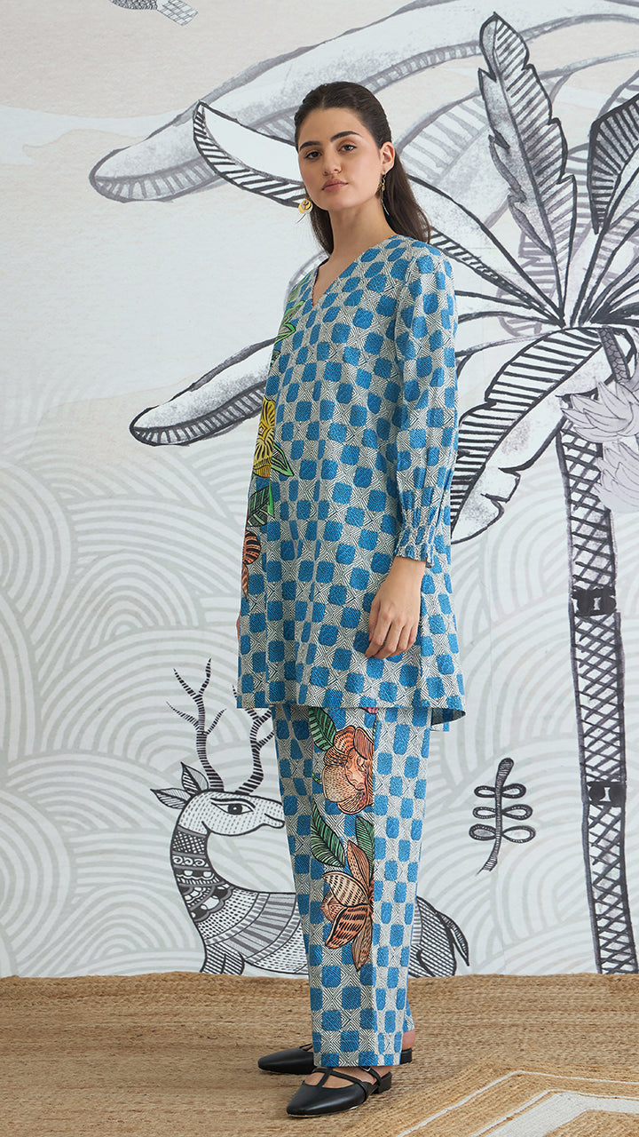 BLUE CHECK FLOWER PANTS