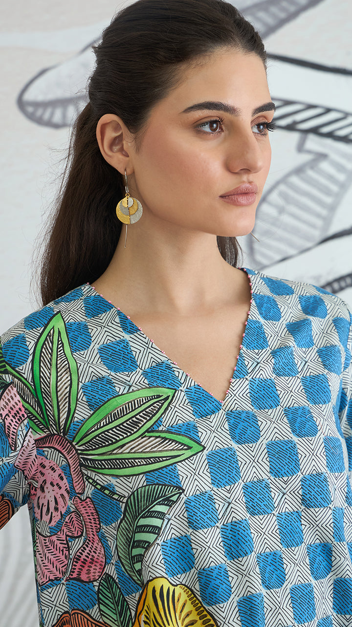 BLUE CHECK FLOWER TOP