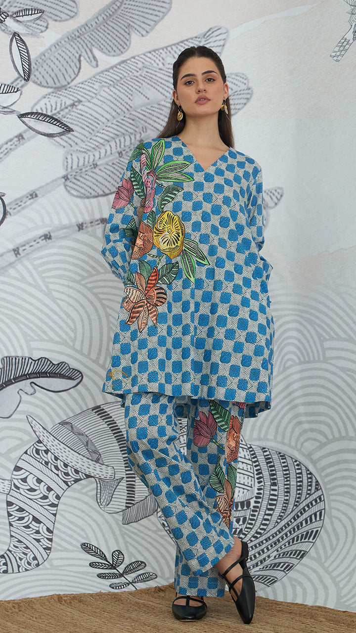 BLUE CHECK FLOWER PANTS