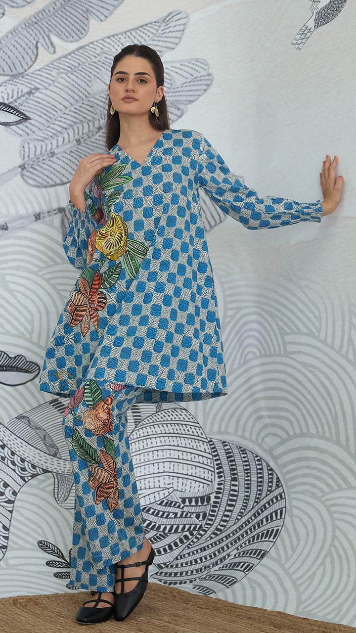 BLUE CHECK FLOWER CO-ORD SET
