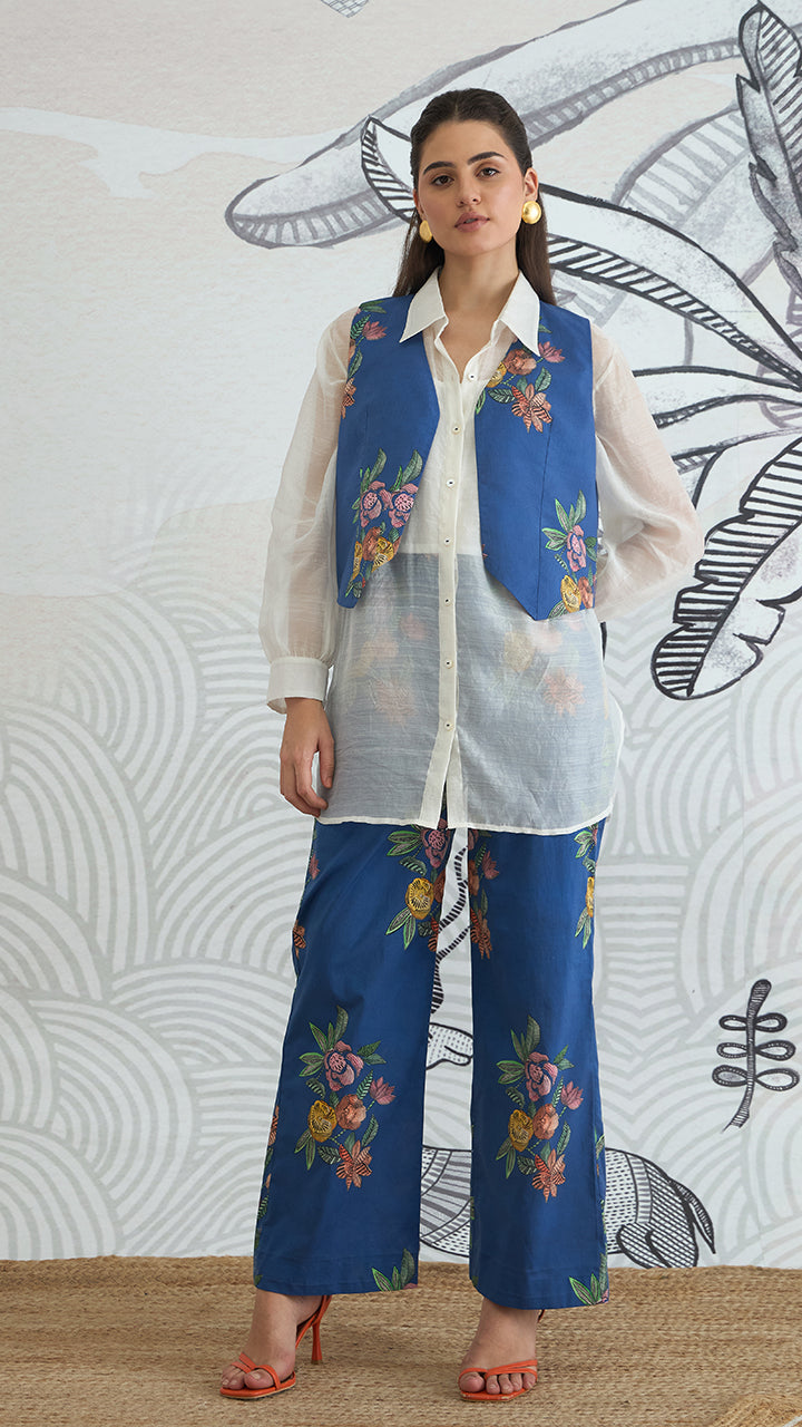 BLUE FLOWER WAISTCOAT JACKET WITH WHITE SHIRT AND BLUE FLOWER PANTS