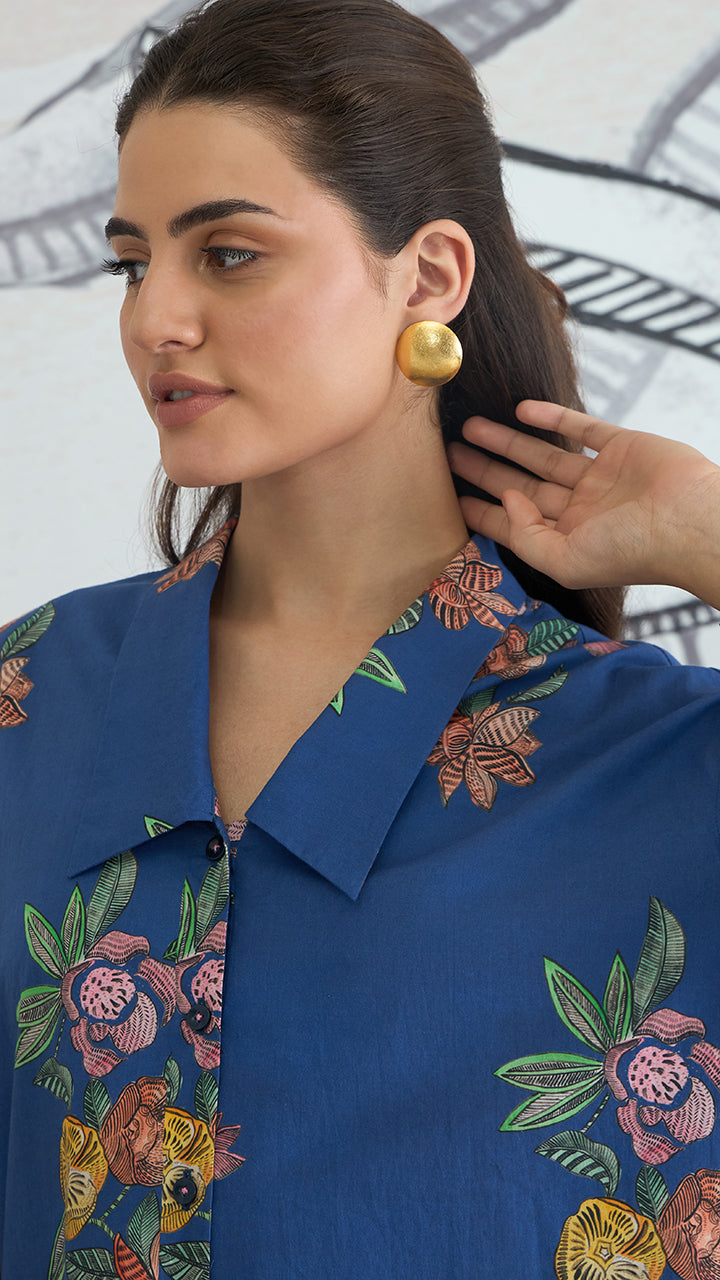 BLUE FLOWER BIG COLLAR SHIRT