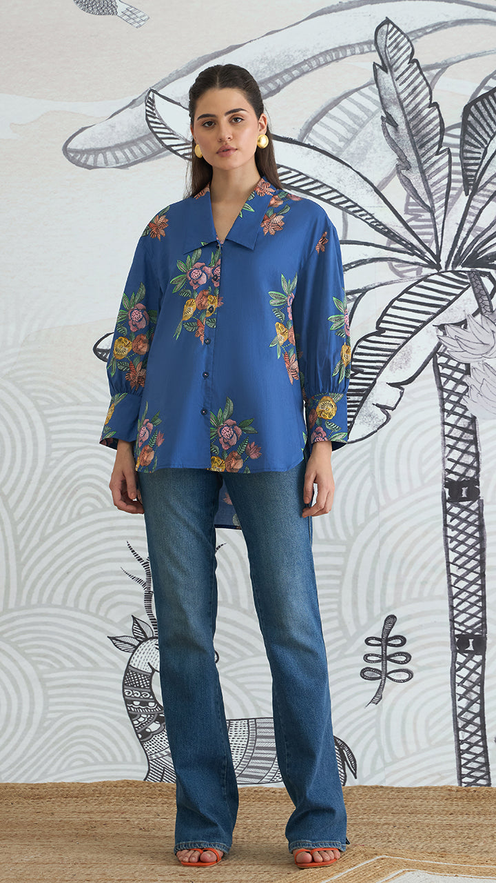 BLUE FLOWER BIG COLLAR SHIRT