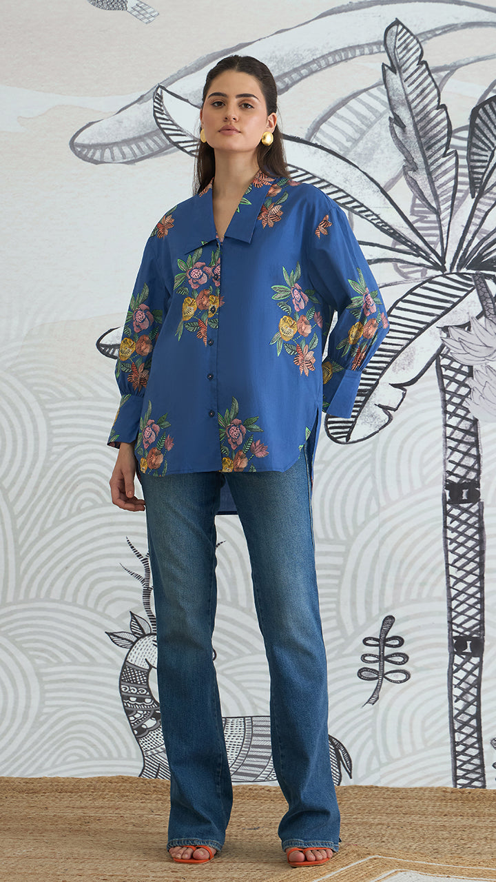 BLUE FLOWER BIG COLLAR SHIRT