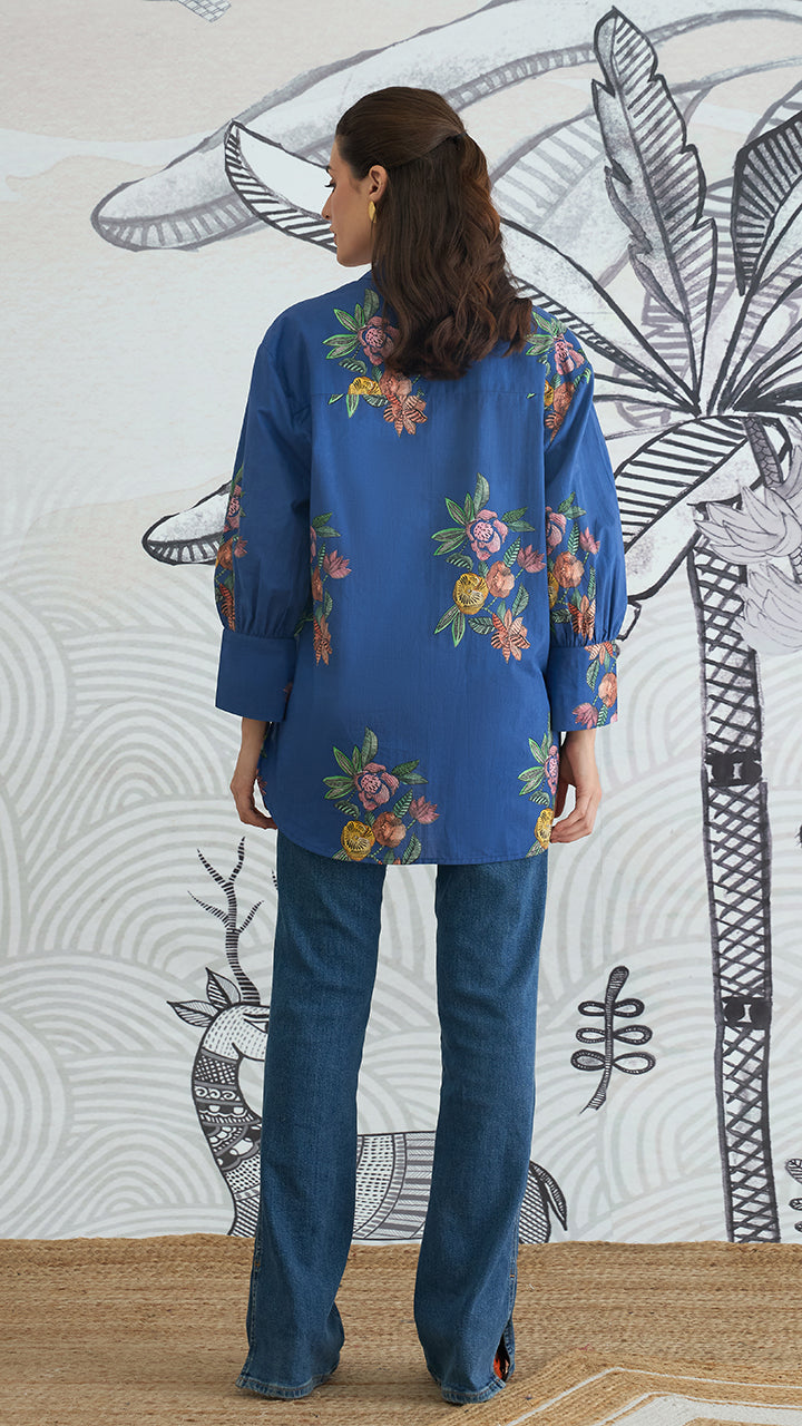 BLUE FLOWER BIG COLLAR SHIRT