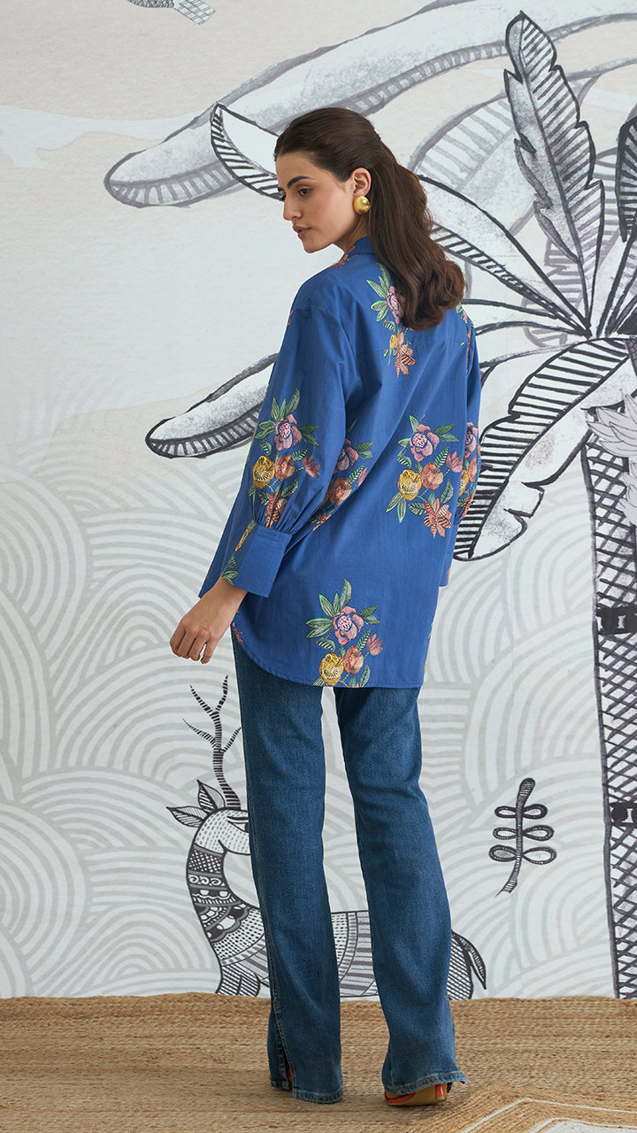 BLUE FLOWER BIG COLLAR SHIRT