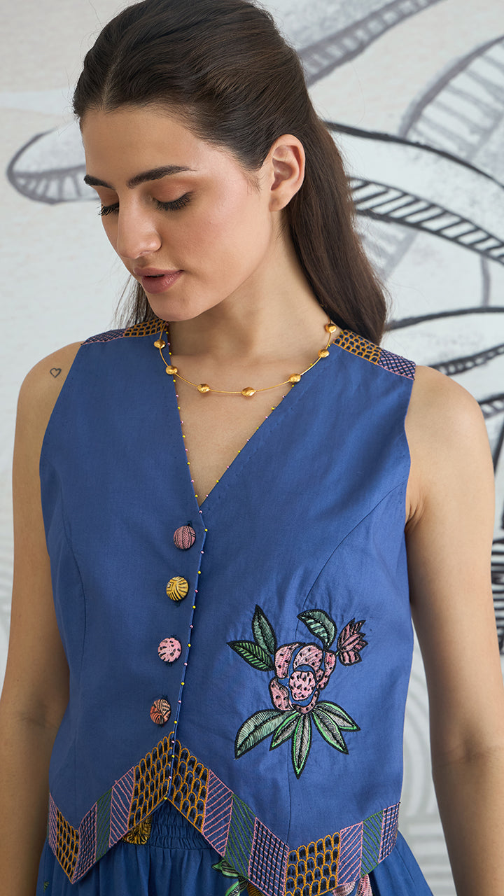 BLUE EMB WAISTCOAT TOP