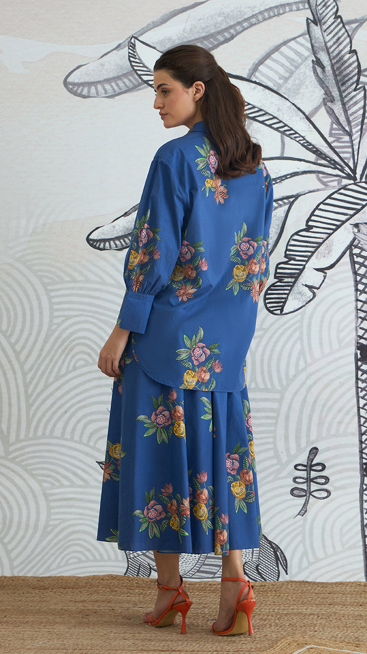 BLUE FLOWER BIG COLLAR SHIRT WITH BLUE FLOWER SKIRT