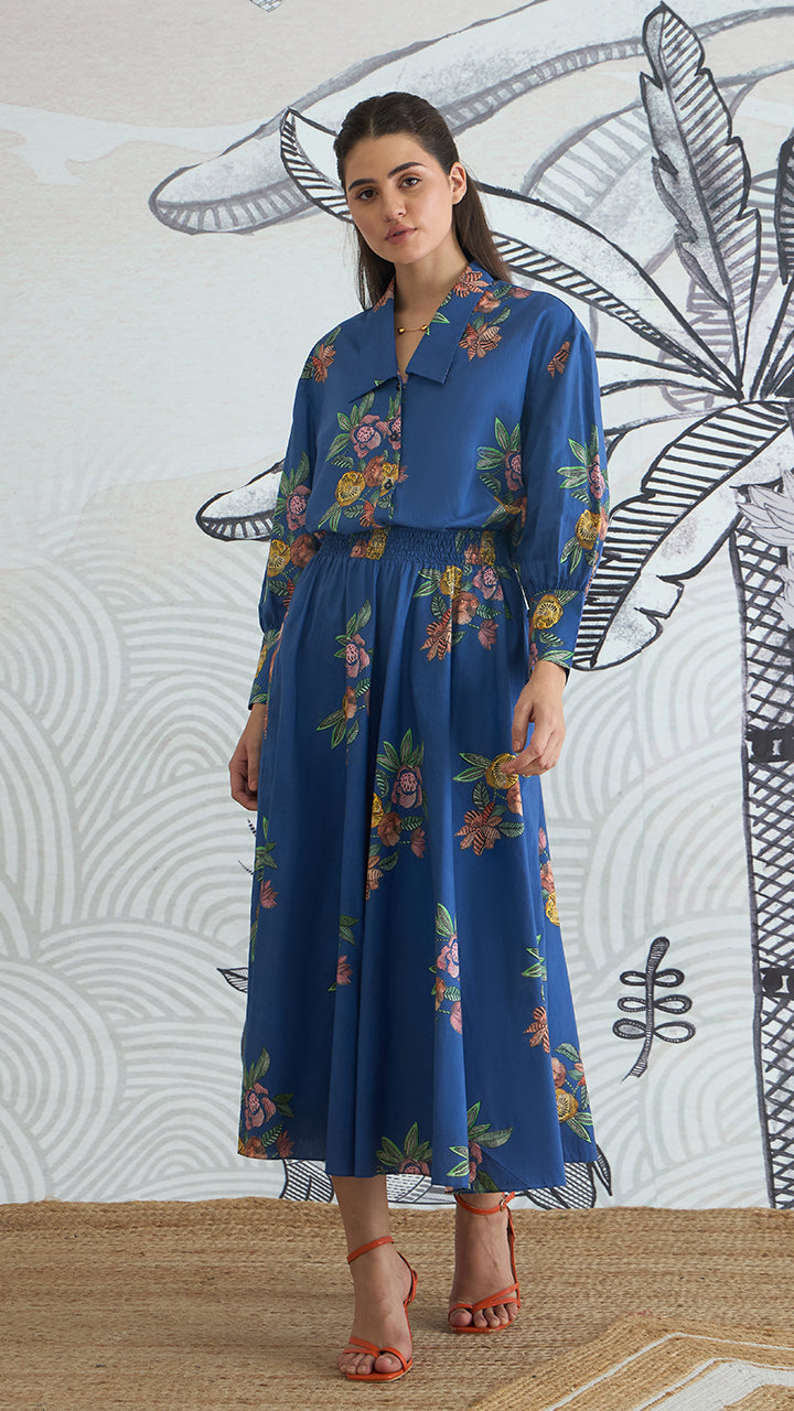 BLUE FLOWER BIG COLLAR SHIRT WITH BLUE FLOWER SKIRT