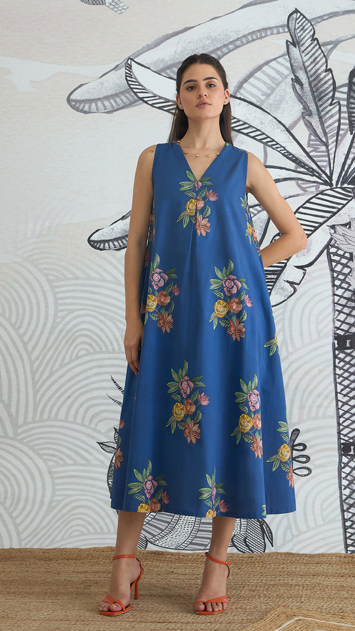 BLUE FLOWER V-NECK LONG DRESS